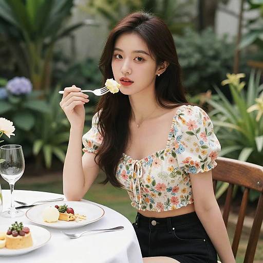 Photograph of an Asian woman with long dark hair, wearing a floral crop top and black high-waisted shorts, eating a flower petal at