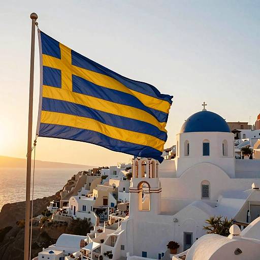 Blue and Yellow Greek Flag Over Santorini Sunset