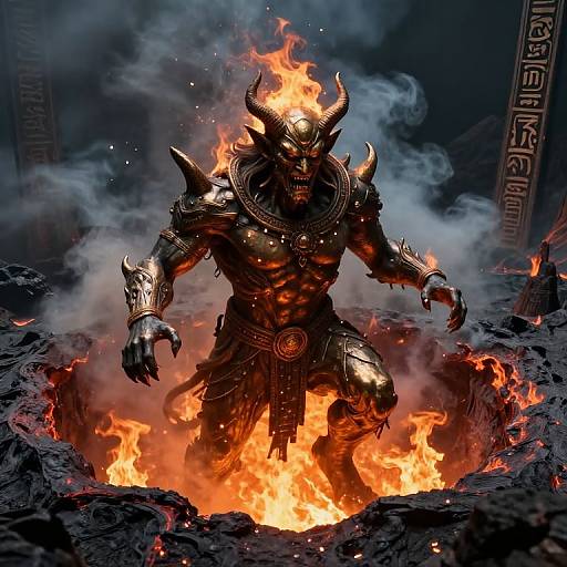 Digital artwork of a muscular, demonic figure with glowing horns emerging from a fiery pit, surrounded by smoke and ancient Greek-style pillars.
