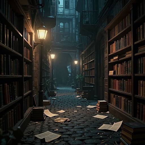Dimly-lit, narrow library aisle with cobblestone floor, overflowing bookshelves, scattered papers, and glowing lanterns casting warm light,