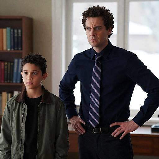 Serious Man and Concerned Boy Indoors