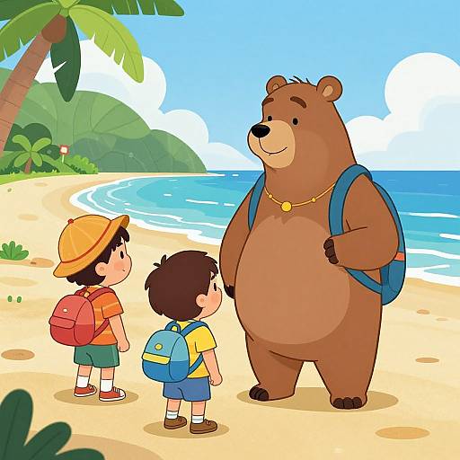 Cartoon illustration of two young boys with backpacks and a large brown bear with a blue backpack on a sunny beach, palm trees, and ocean background