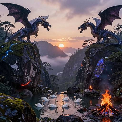 Magical Sunrise with Flying Dragons