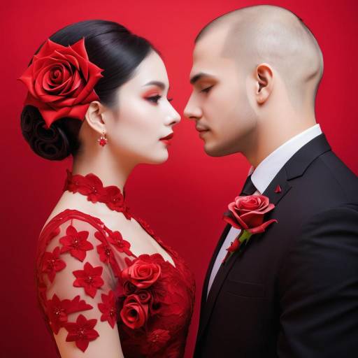 Elegant couple face to face with floral accents