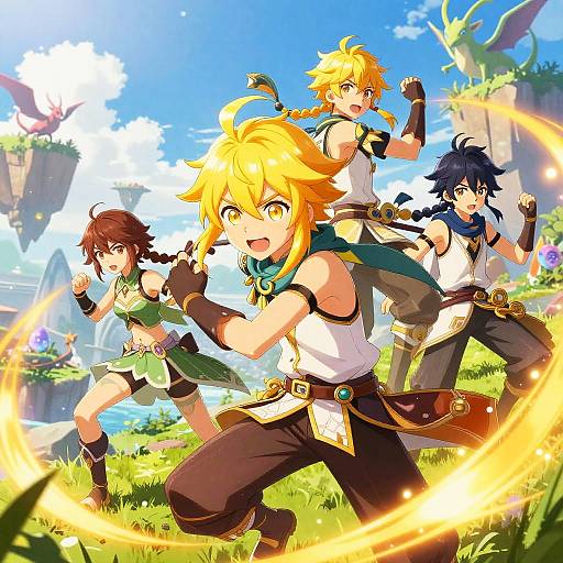 Vibrant anime-style illustration of four adventurers with dynamic poses, surrounded by floating islands, waterfalls, and a dragon, casting a magical golden glow
