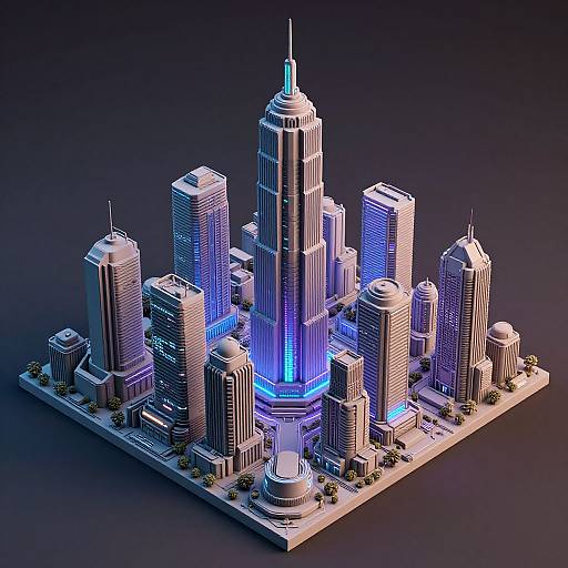 Digital CGI image of a futuristic, neon-lit cityscape featuring tall, illuminated skyscrapers with blue and white lights against a dark background.