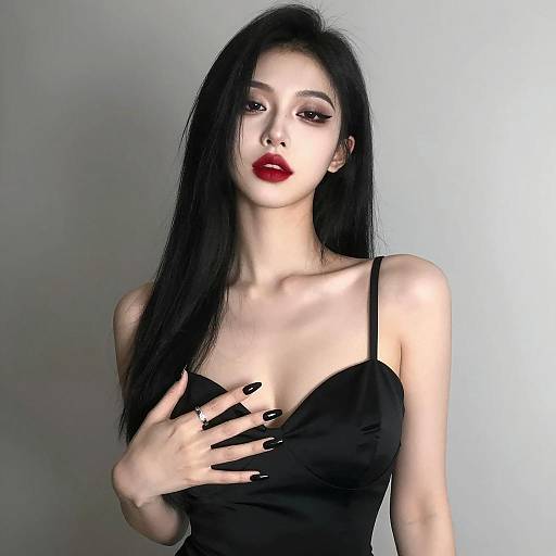 Elegant Woman in Black Dress with Red Lipstick