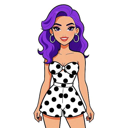 Digital illustration of a smiling woman with vibrant purple hair, wearing a strapless, white, black polka dot romper and large hoop earrings, standing
