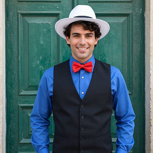 Photograph of a smiling young man with curly brown hair, wearing a white hat, blue shirt, black vest, and bright red bow tie, standing