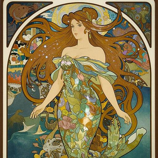 Art Nouveau-style illustration of a mermaid with long, flowing brown hair, wearing a green, floral-patterned dress, surrounded by vibrant sea creatures