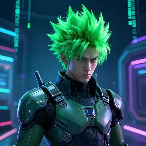 CGI image of a green-haired, serious-looking male in futuristic, black armored suit with neon lights in a sci-fi background.