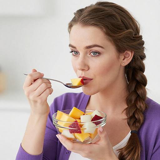 Young Woman Eating Fresh Fruit Salad