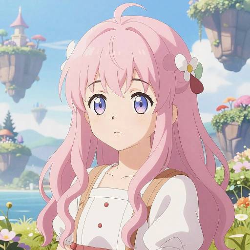 Anime-style digital drawing of a pink-haired girl with large blue eyes, white flower hairpin, and white blouse, set in a vibrant, floating island