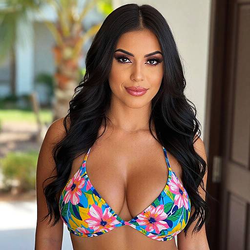 Confident Woman in Floral Bikini Top Outdoors