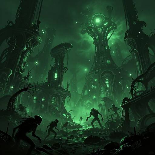 Digital sci-fi artwork of a dark, green-lit alien cityscape with silhouetted figures fleeing from towering, bioluminescent, futuristic