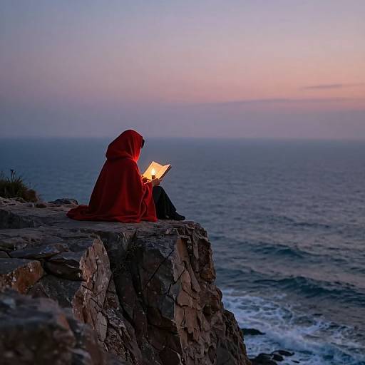 Photograph of a person in a red hooded cloak, sitting on a rocky cliff at sunset, reading a glowing book, overlooking a calm ocean.