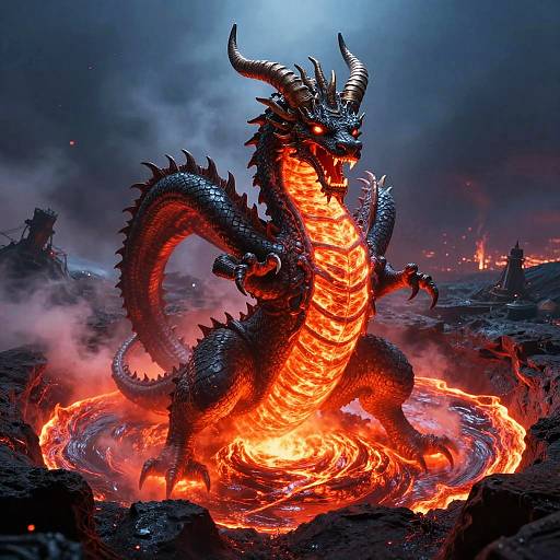 Digital artwork of a roaring, black-scaled dragon with glowing orange molten interior, standing in a fiery, volcanic landscape under a dark, smoky