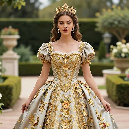 Photograph of a beautiful, fair-skinned woman with wavy brown hair, wearing a gold-trimmed, silver gown and crown, standing in