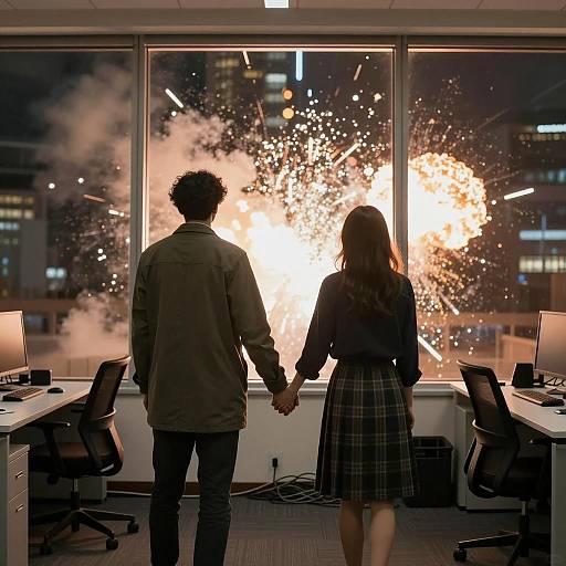 Couple Holding Hands Watching Explosion from Office