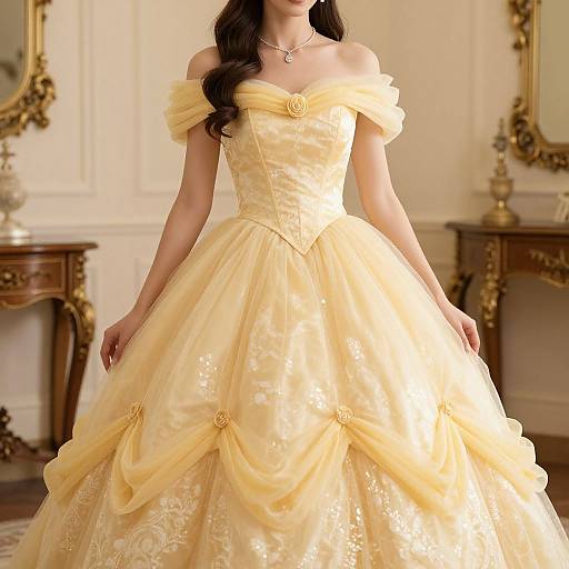 Photograph of a woman in an off-shoulder, yellow, floral-embroidered ball gown with puffed sleeves and ruffled layers,