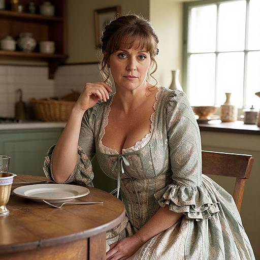 Photograph of a middle-aged woman with brown hair in an 18th-century-style green dress, sitting at a wooden table in a sunlit kitchen