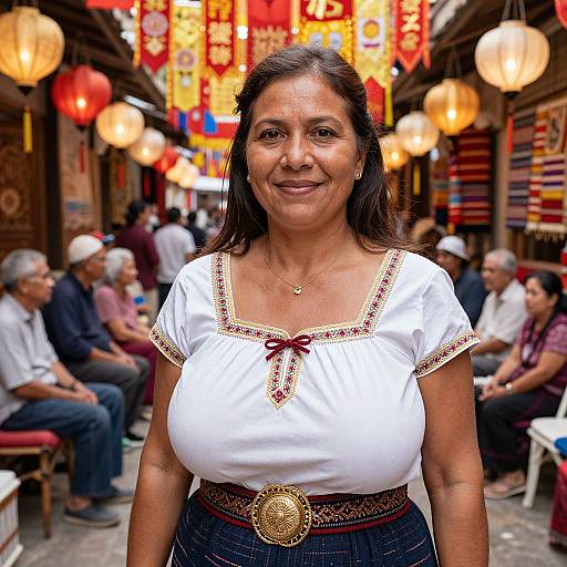 Photograph of a smiling middle-aged Indian woman with dark hair, wearing a white blouse with gold trim and a black skirt, standing in a vibrant,