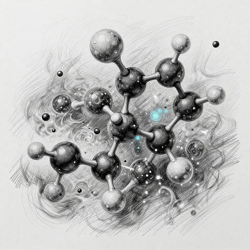Digital illustration of a molecular structure with shiny black spheres, connected by bonds, on a white background with swirling gray patterns. A small blue glow highlights one