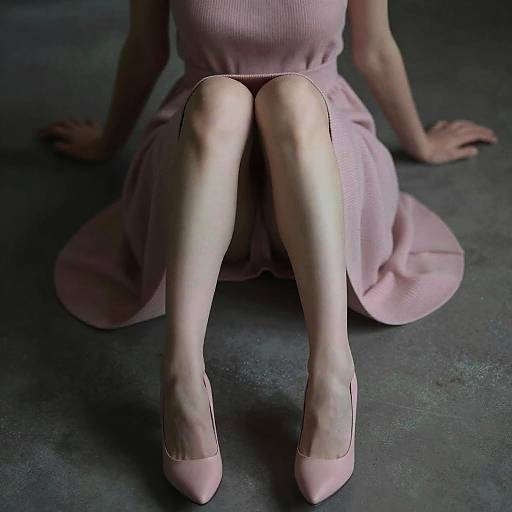 Photograph of a woman sitting on a dark, textured floor, wearing a pink dress and matching pink high heels, her legs crossed in front of her
