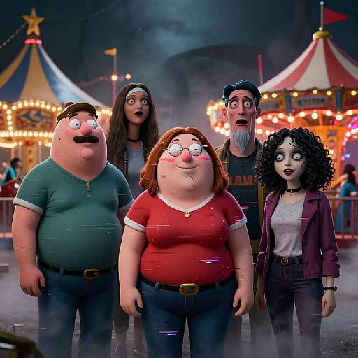 CGI cartoon image of overweight, glasses-wearing woman in red shirt, surrounded by four quirky, colorful characters at a brightly lit carnival at night.