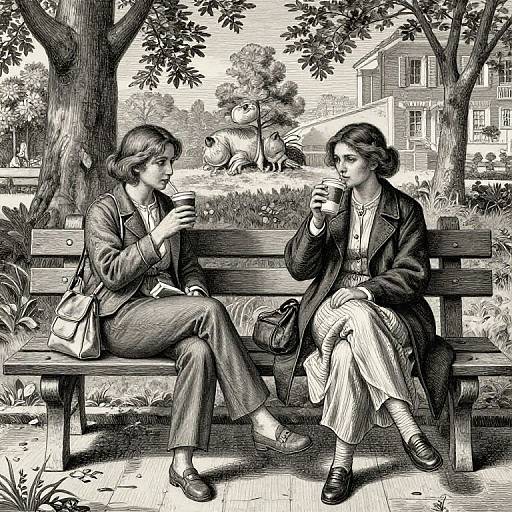 Black-and-white illustration of two women in 19th-century attire, sitting on a bench, sipping coffee in a park with dogs and a house