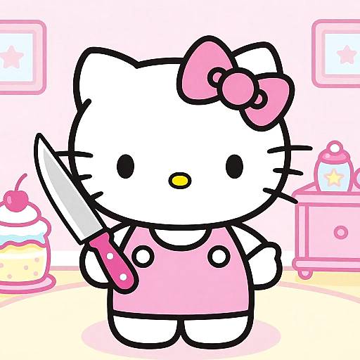 Digital drawing of Hello Kitty holding a knife, pink bow, pink dress, white face, black eyes, yellow nose, pastel background with cakes and