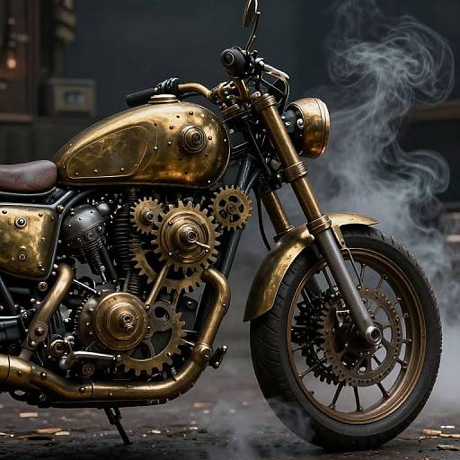 Close-up photograph of a vintage, brass-finished motorcycle with smoking exhaust, exposed gears, and a brown leather seat, set against a dark, urban
