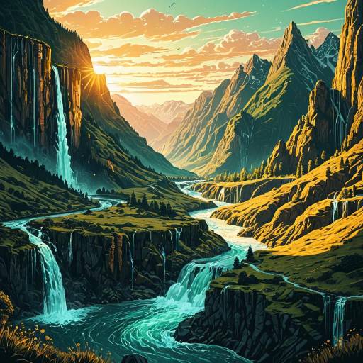 Fantasy Sunset Landscape with Cascading Rivers