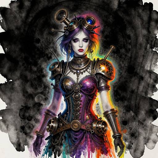 Digital painting of a dark-haired, pale-skinned woman in steampunk armor with colorful aura, wearing goggles and intricate jewelry, against a smoky