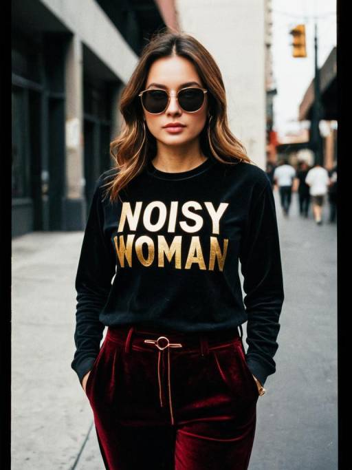 Stylish Woman in Graphic Tee and Velvet Pants