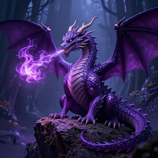 Digital art of a fierce, purple dragon with glowing purple flames breathing fire, standing on a rocky cliff in a dark, mystical forest.