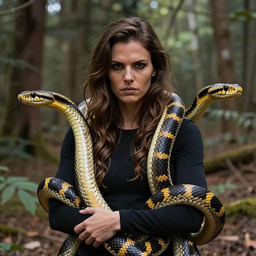 Serious Woman Embracing Snakes in Nature