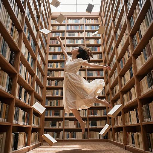 Photograph of a woman in a flowing white dress, leaping through a library with floating books, surrounded by tall wooden bookshelves.