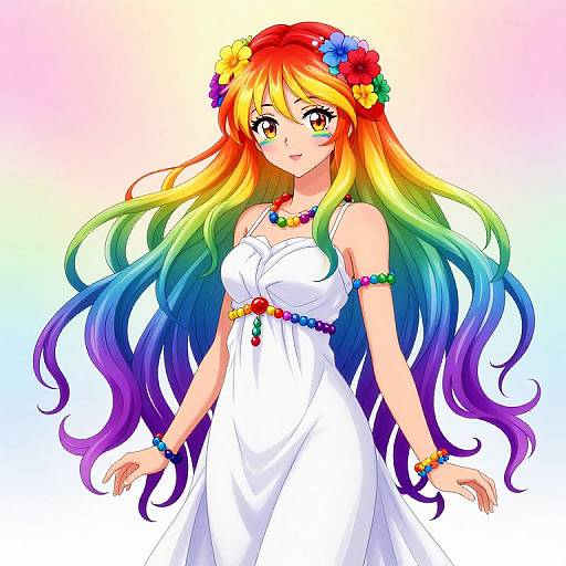 Digital anime-style drawing of a vibrant rainbow-haired girl in a white dress, adorned with colorful flower crown, beaded necklace, and bracelets.