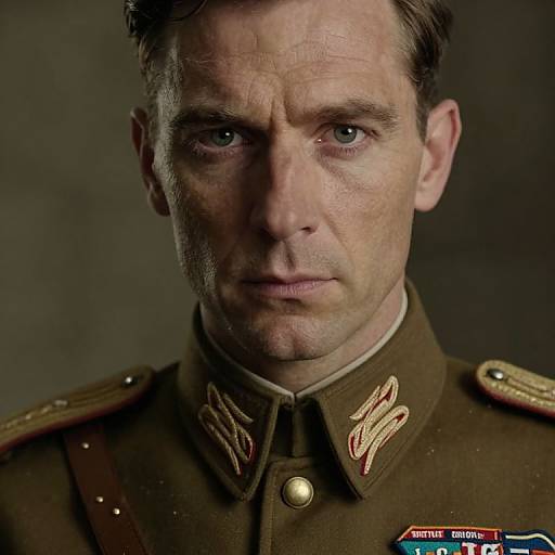 Photograph of a serious, middle-aged white man with short brown hair, wearing a brown military uniform with gold and red insignia, dark background.