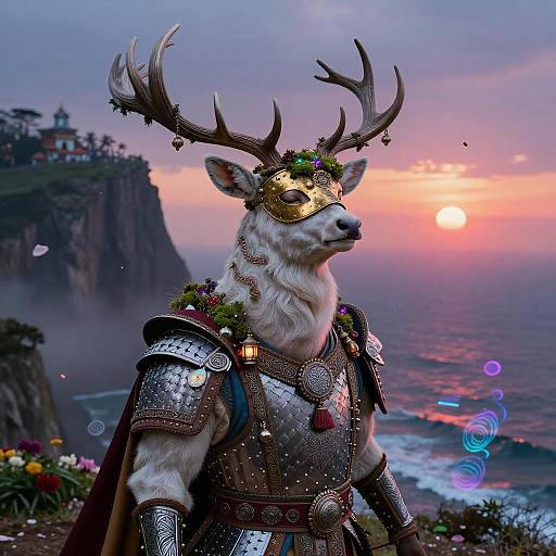 Opal-White Stag in Regal Armor at Sunset