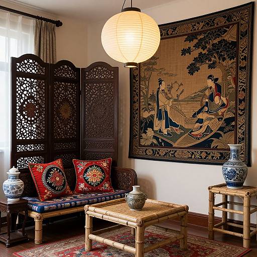 Photograph of an Asian-style living room with a bamboo table, red floral cushions, intricate black folding screen, large hanging paper lantern, traditional Japanese tape