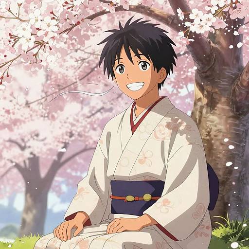 Anime-style drawing of a smiling young man with black hair, wearing a white kimono with red trim, sitting under cherry blossoms.