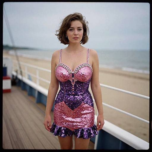 Photograph of a brunette woman with short hair, wearing a pink and purple sequined dress, standing on a beach boardwalk with the ocean in the