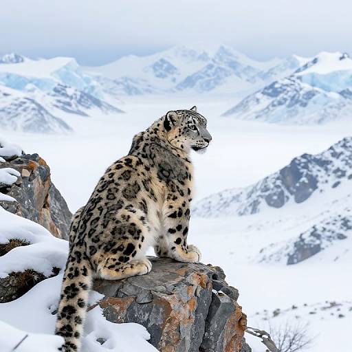 Photograph of a snow leopard with spotted fur, sitting on a snowy mountain peak, overlooking a rugged, snow-covered alpine landscape.