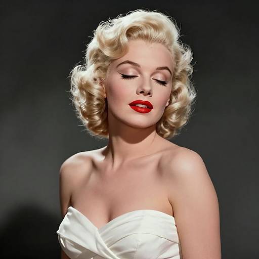 Photograph of a blonde woman with vintage-style curled hair, closed eyes, red lipstick, and a strapless white dress, against a dark background.