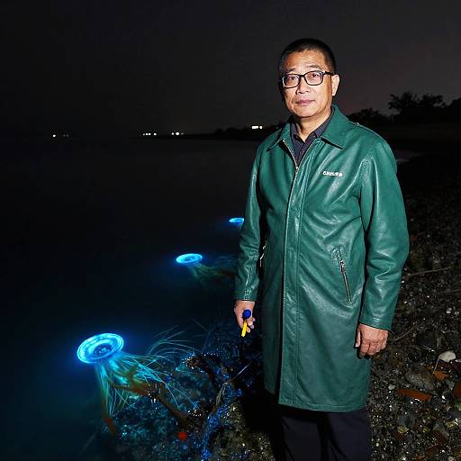 Marine Biologist by Bioluminescent Tidepool at Night