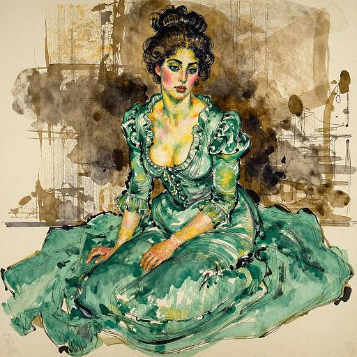 Watercolor-style drawing of a woman with curly dark hair, wearing a low-cut, green, 19th-century dress, sitting on the floor with