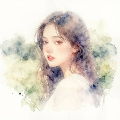 Watercolor portrait of a young woman with fair skin, long brown hair, and soft pink lips, set against a blurred, pastel background.