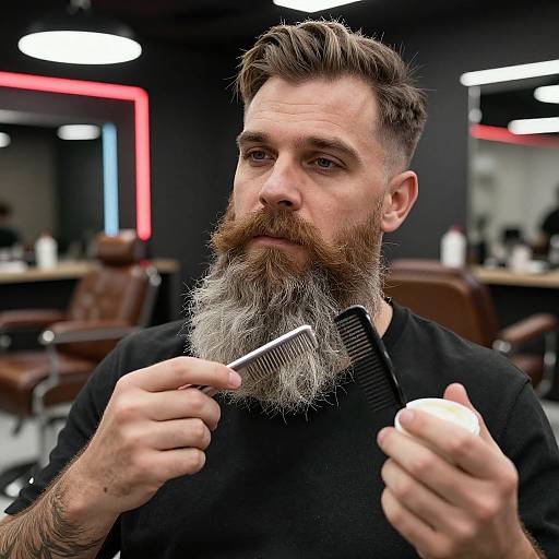 Photograph of a bearded man with a gray beard, short brown hair, and black shirt, combing his beard in a modern, dimly